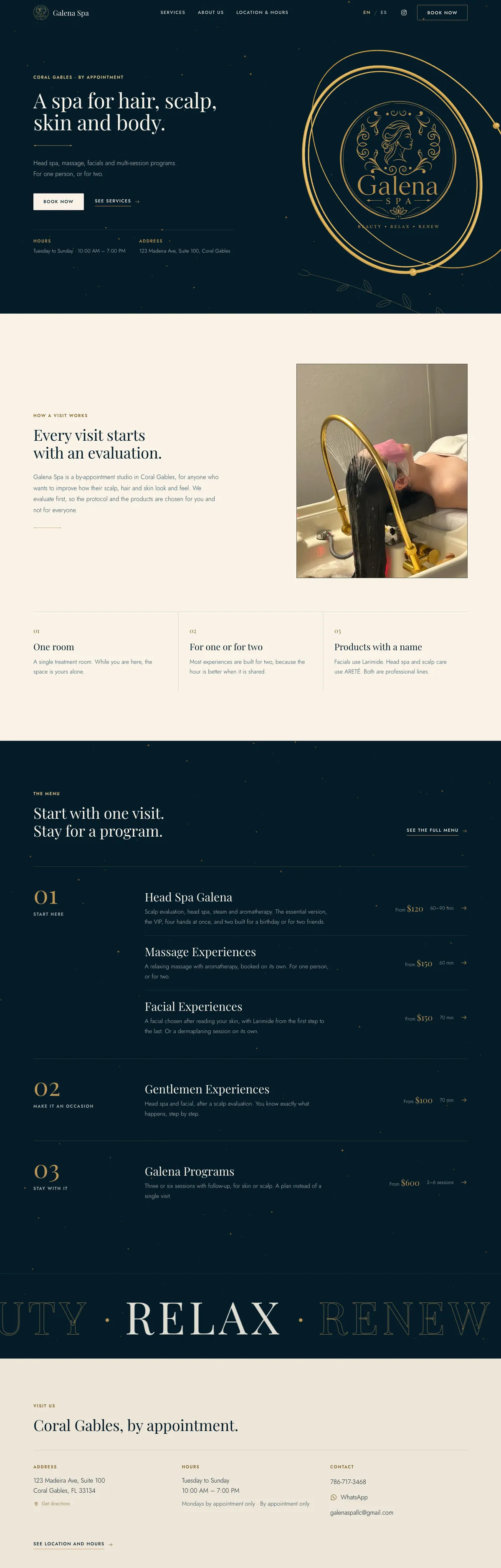 Galena Spa's website on a computer: the hero with its gold logo, how a visit works and the menu of services.