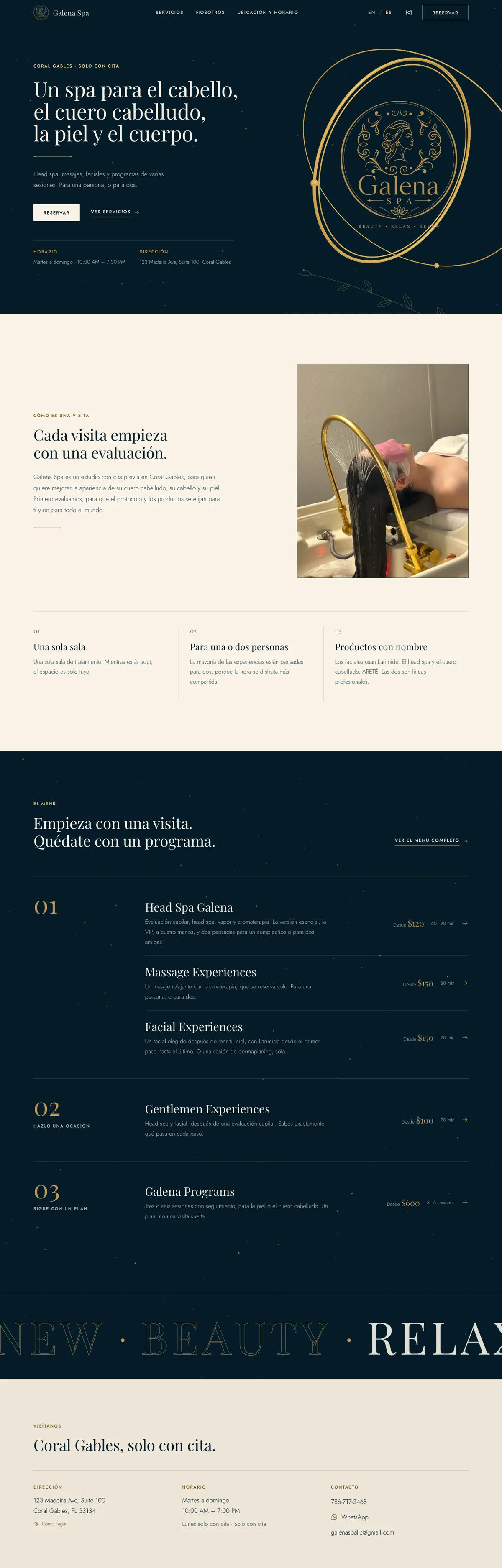 El sitio web de Galena Spa en una computadora: la portada con su logo dorado, cómo es una visita y el menú de servicios.